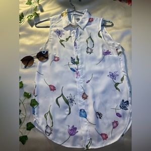 Flowers Sleeveless White Blouse